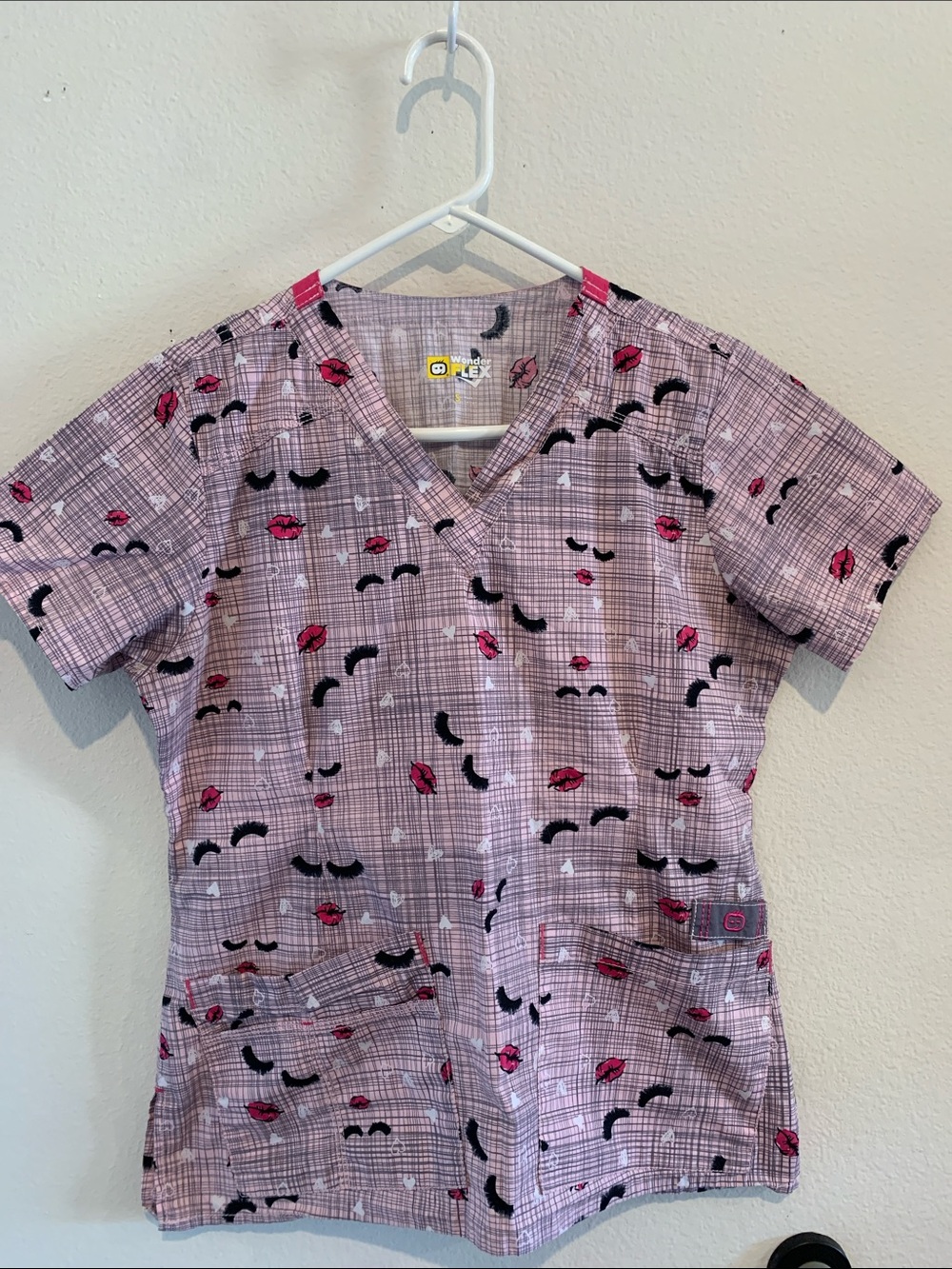 Wonder Flex Scrubs *Top Only* with lips and eyelashes.  97% Cotton 3% Spandex